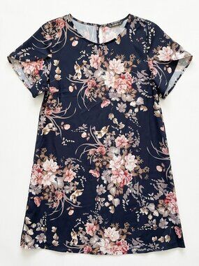 SHEIN Dress Women Small S Navy Blue Pink Floral Short Sleeve A-Line Mini Casual